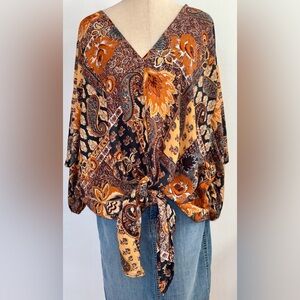 Bunulu Tunic Women’s Plus 1x  Boho Hippie Multicolor Paisley Floral. Brown Tan